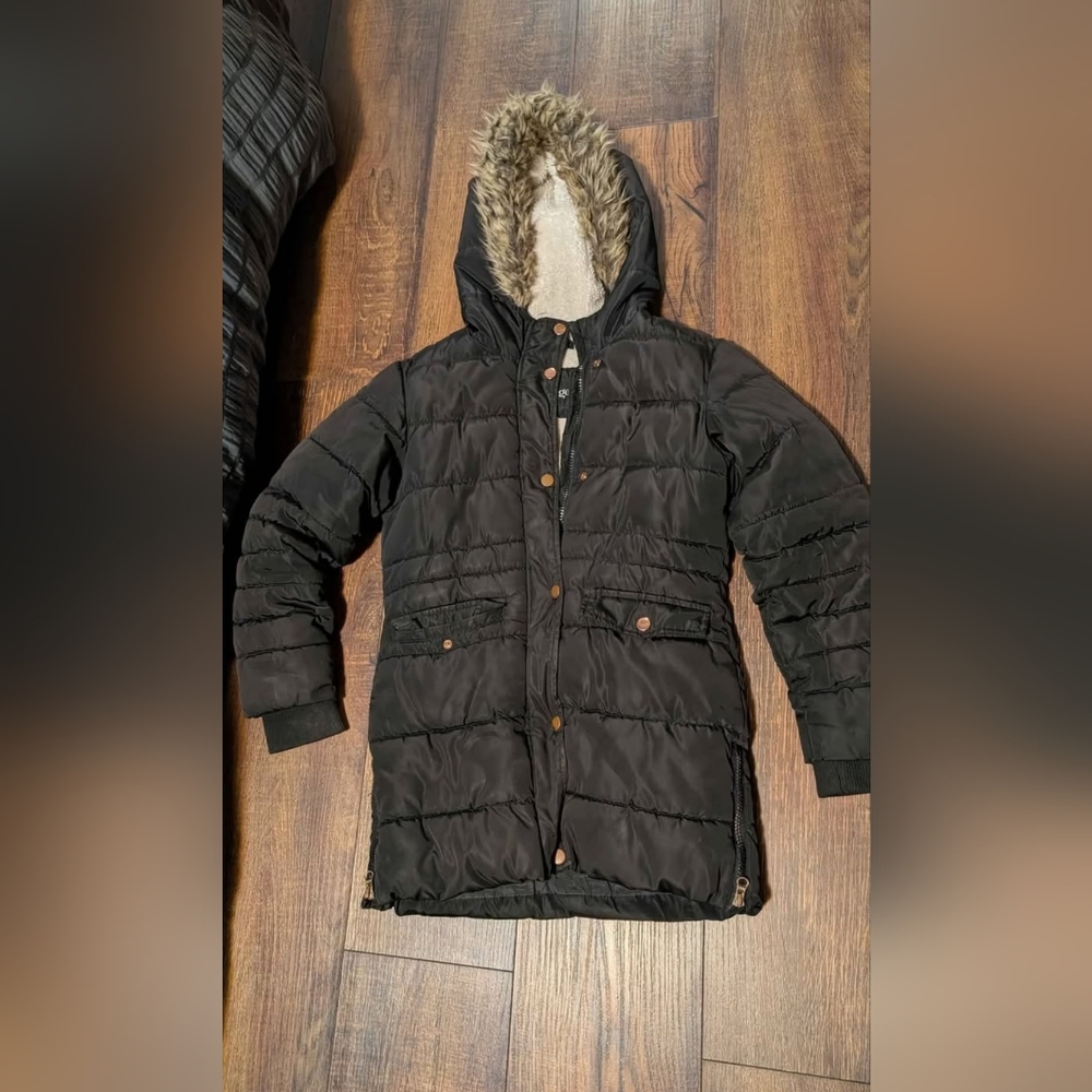💙 GEORGE 💙 Black Puffer Jacket with Faux Fur Hood
